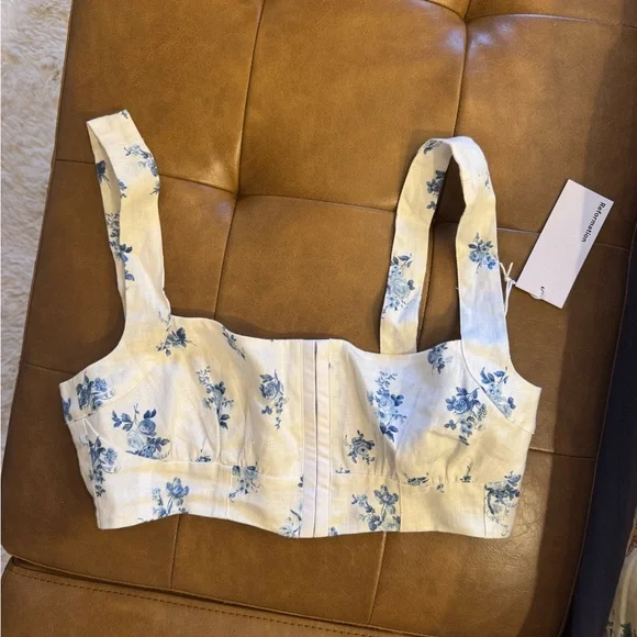 Reformation Linen Santana White and Blue Floral Top - Picture 2 of 3